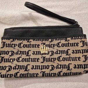 JUICY COUTURE Gothic Spell Out Logo Jacquard Black Faux Leather Wristlet Clutch
